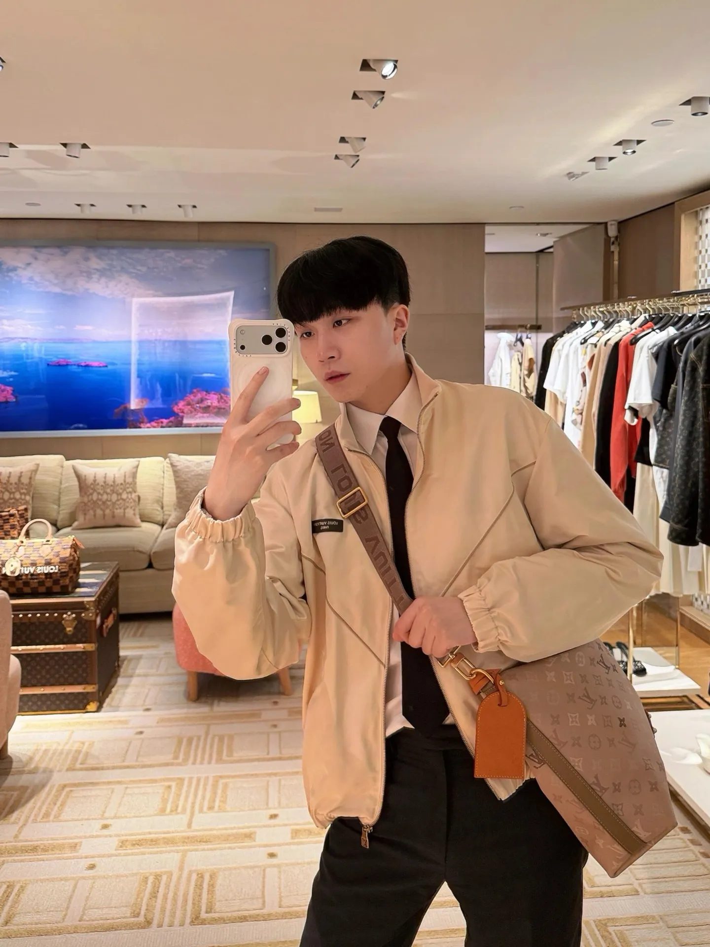 Louis Vuitton/Louis Vuitton leather logo silk satin sports coat
